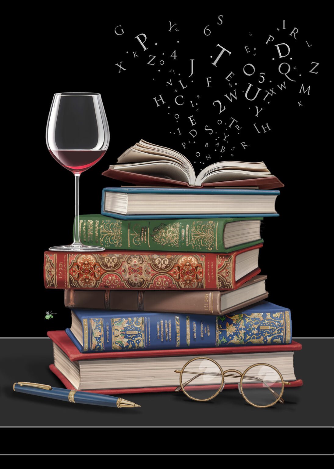 Bug Art Wine and Books Card