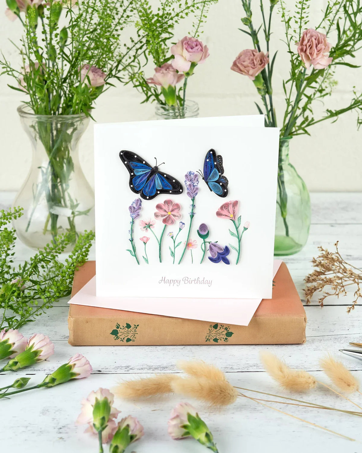 Quilled Birthday Flowers & Blue Butterflies Greeting Card