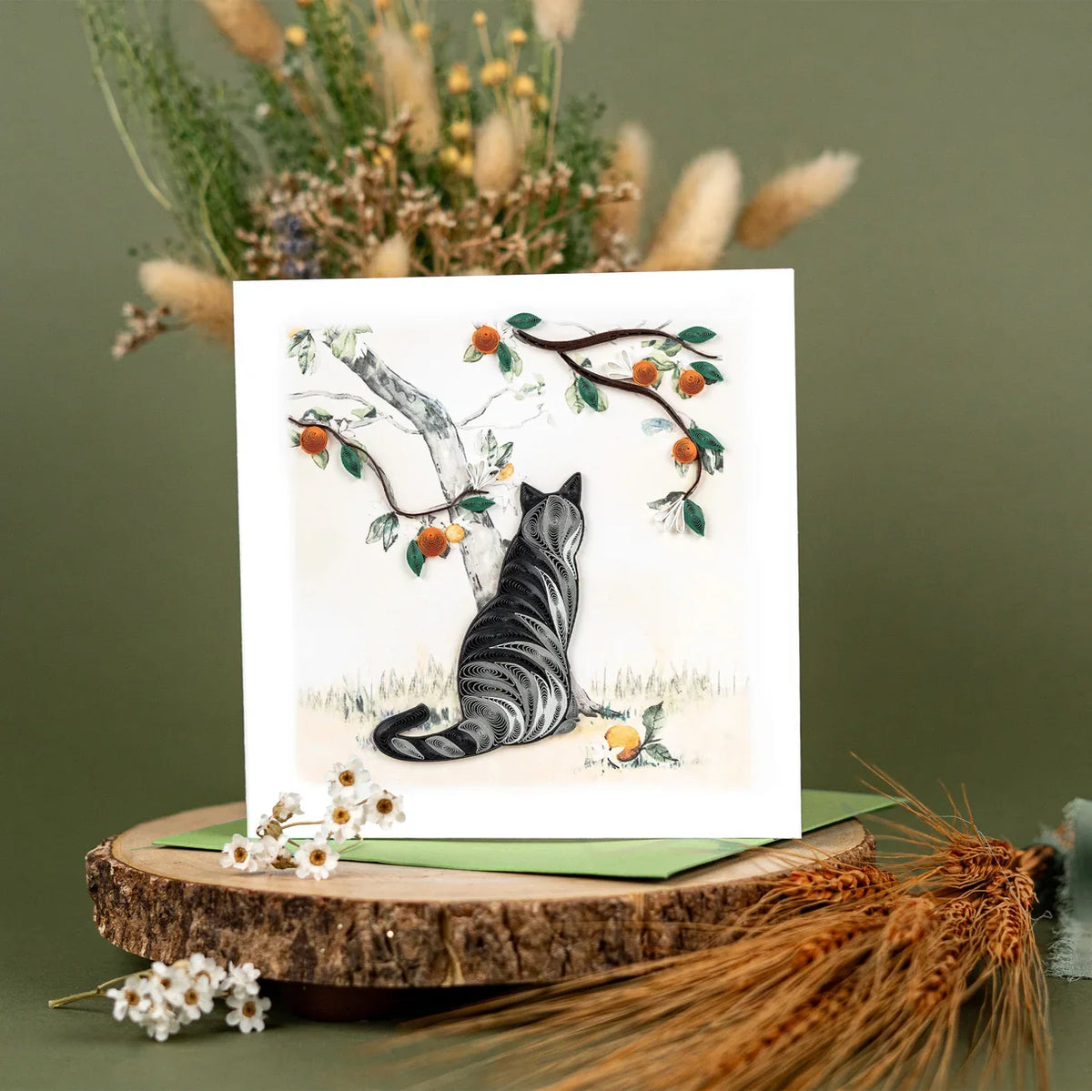 Quilled Cat & Orange Branch Greeting Card