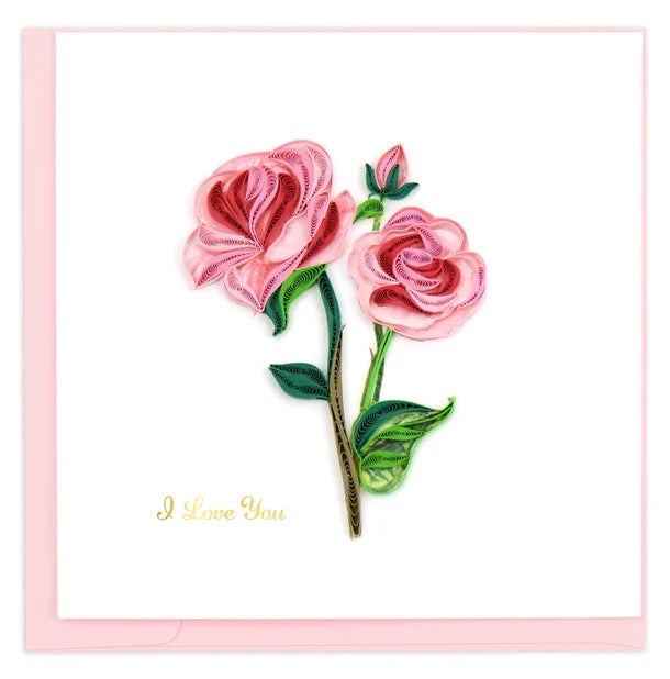 Quilled I Love You Long Stem Pink Roses Card
