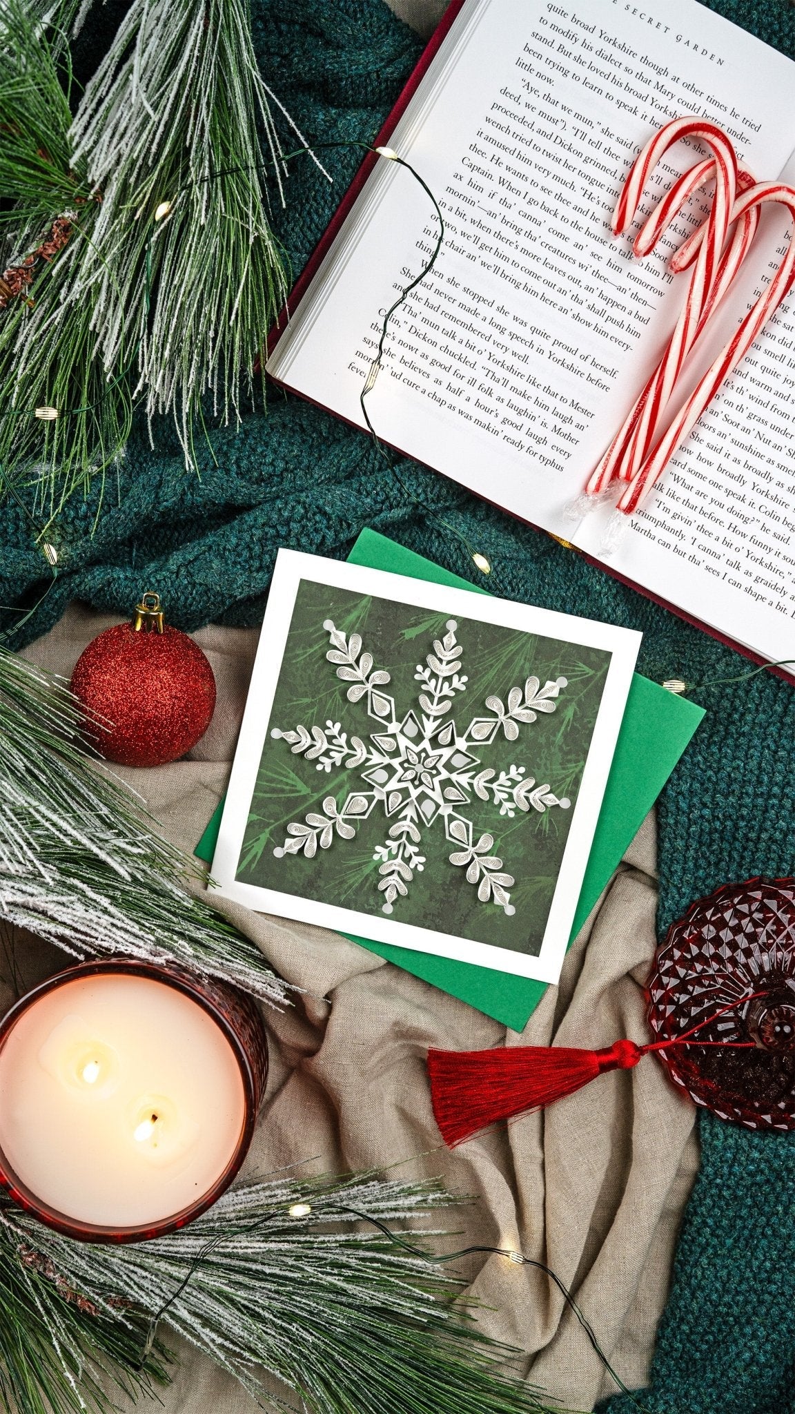 Quilled White Snowflake on Pine Card