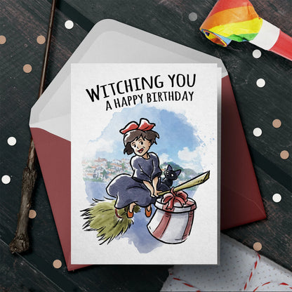 "Witching You" Young Witch Broom Anime Birthday Card