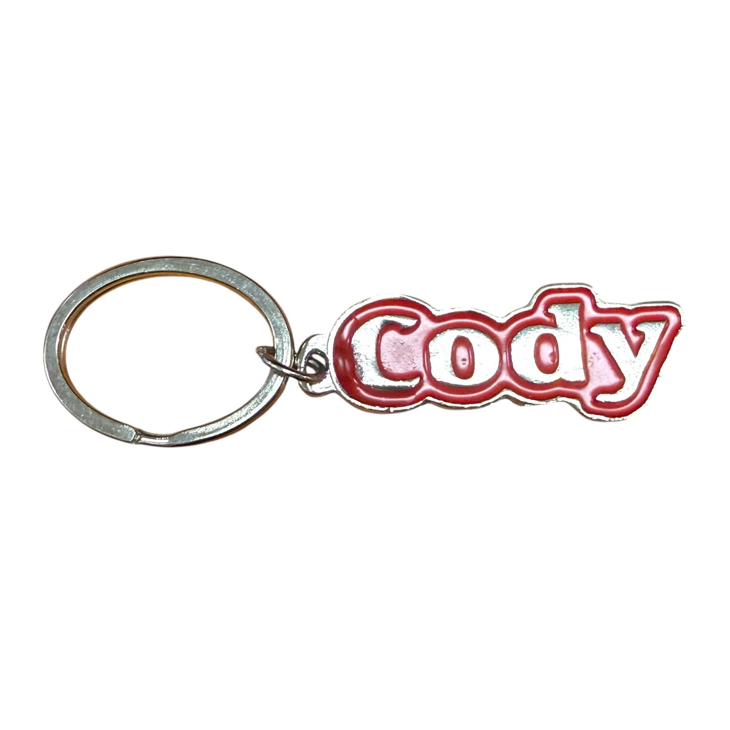 Red Metal Name Keychain Cody