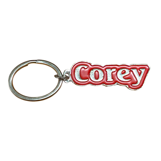 Red Metal Name Keychain Corey