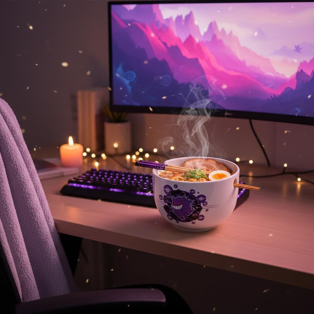 Gengar Ceramic Ramen Noodle Rice Bowl with Chopsticks