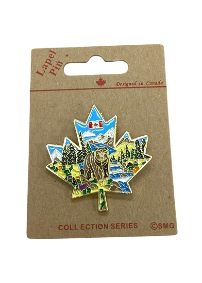 Canadian Maple Leaf Lapel Pin with Bear Design