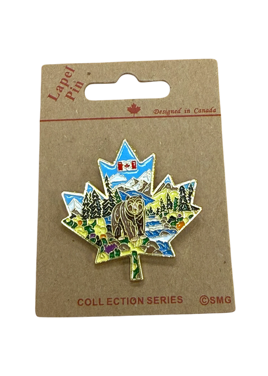 Canadian Maple Leaf Lapel Pin with Bear Design