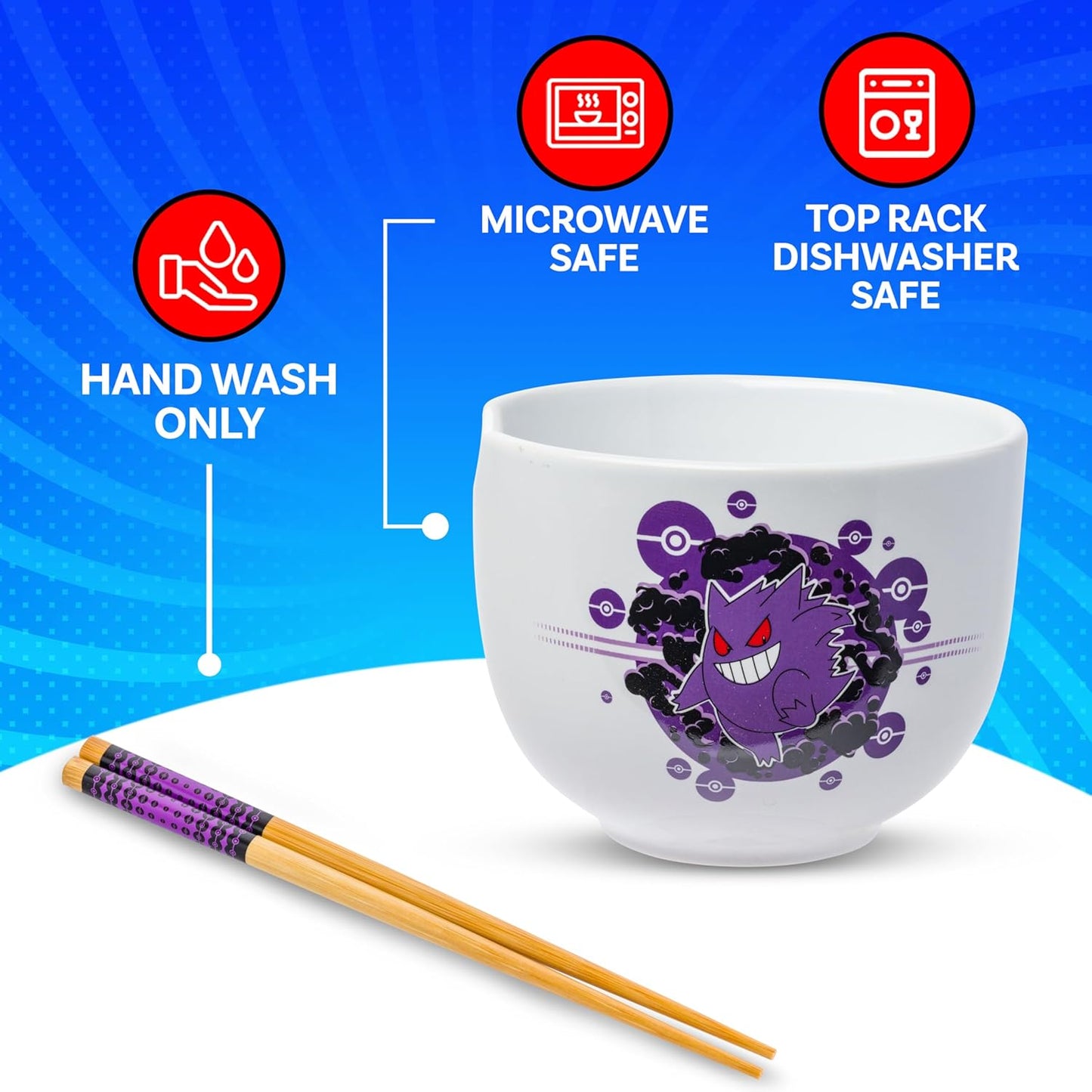 Gengar Ceramic Ramen Noodle Rice Bowl with Chopsticks
