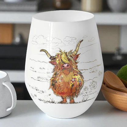 Highland Cow Stemless Wine Glass