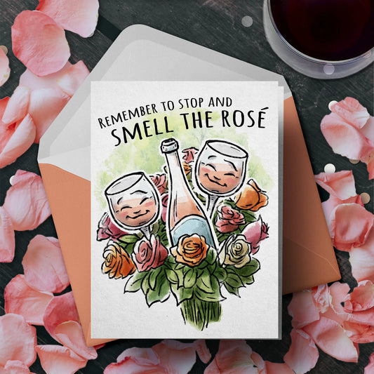 "Remember to Stop and Smell the Rosé" Wine Birthday Card – Perfect for Wine Lovers, Rosé Fans, Wine Moms, Mother's Day, Wedding, or Birthday Gift