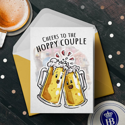 "Cheers to the Hoppy Couple" - Funny Beer Wedding Card