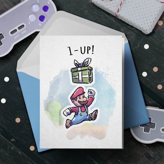 "1 Up!" - Video Game Plumber Birthday Card