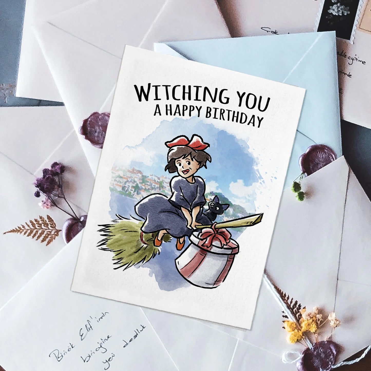 "Witching You" Young Witch Broom Anime Birthday Card