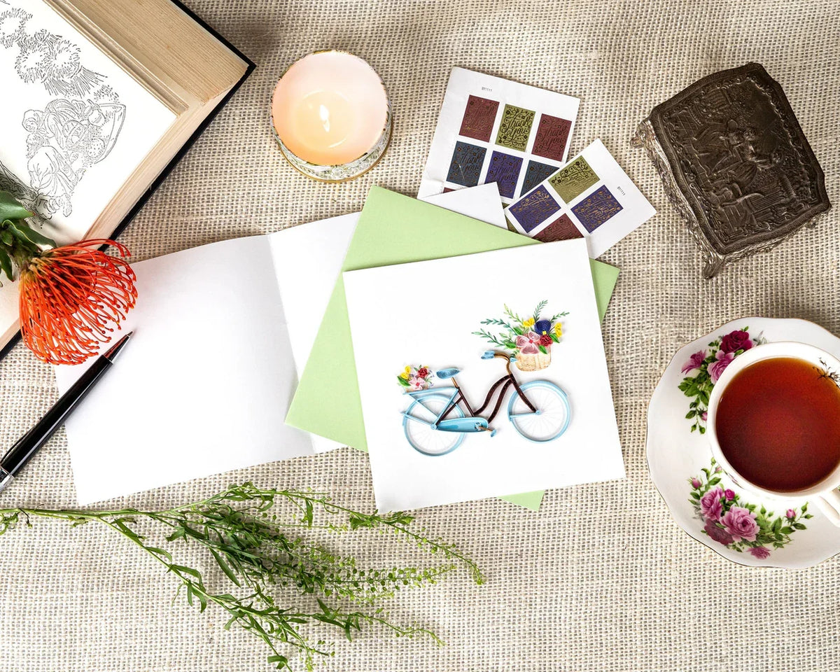 Quilled Bicycle & Flower Basket Greeting Card