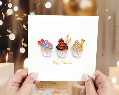 Quilled Birthday Cupcake Trio Greeting Card