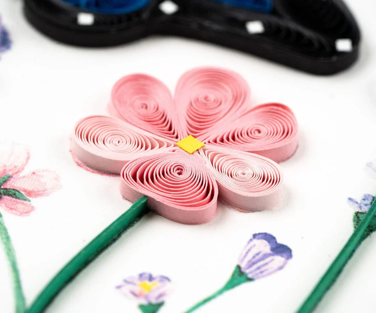 Quilled Birthday Flowers & Blue Butterflies Greeting Card