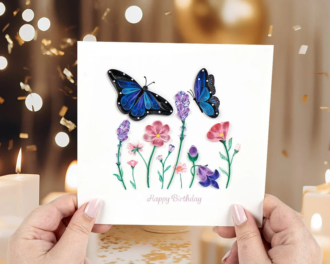 Quilled Birthday Flowers & Blue Butterflies Greeting Card