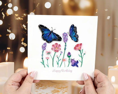 Quilled Birthday Flowers & Blue Butterflies Greeting Card