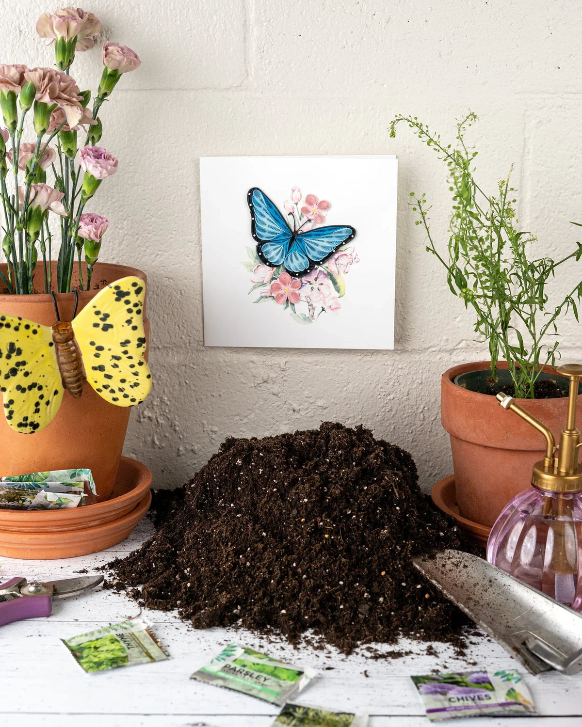 Quilled Blue Butterfly & Flowers Greeting Card