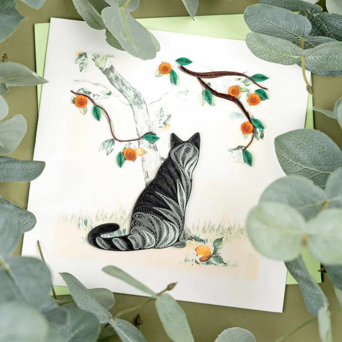 Quilled Cat & Orange Branch Greeting Card