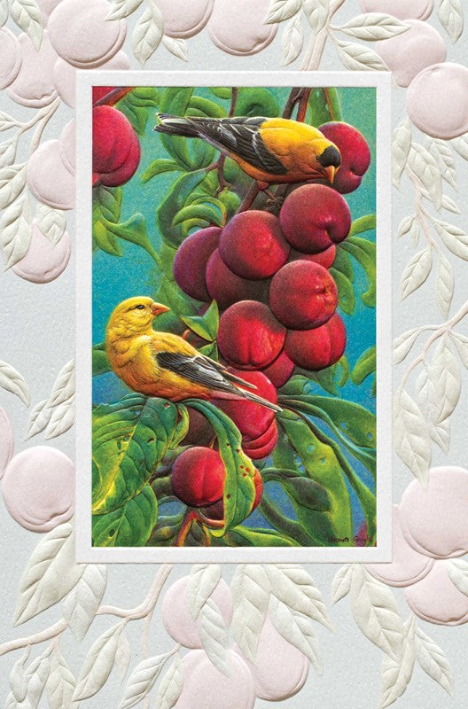 PP Birthday Card Goldfinch and Plums