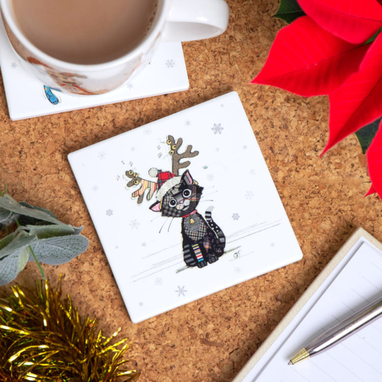 Bug Art Christmas Kooks Kitten Ceramic Coaster