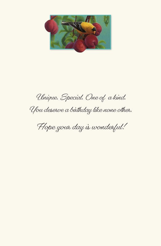 PP Birthday Card Goldfinch and Plums
